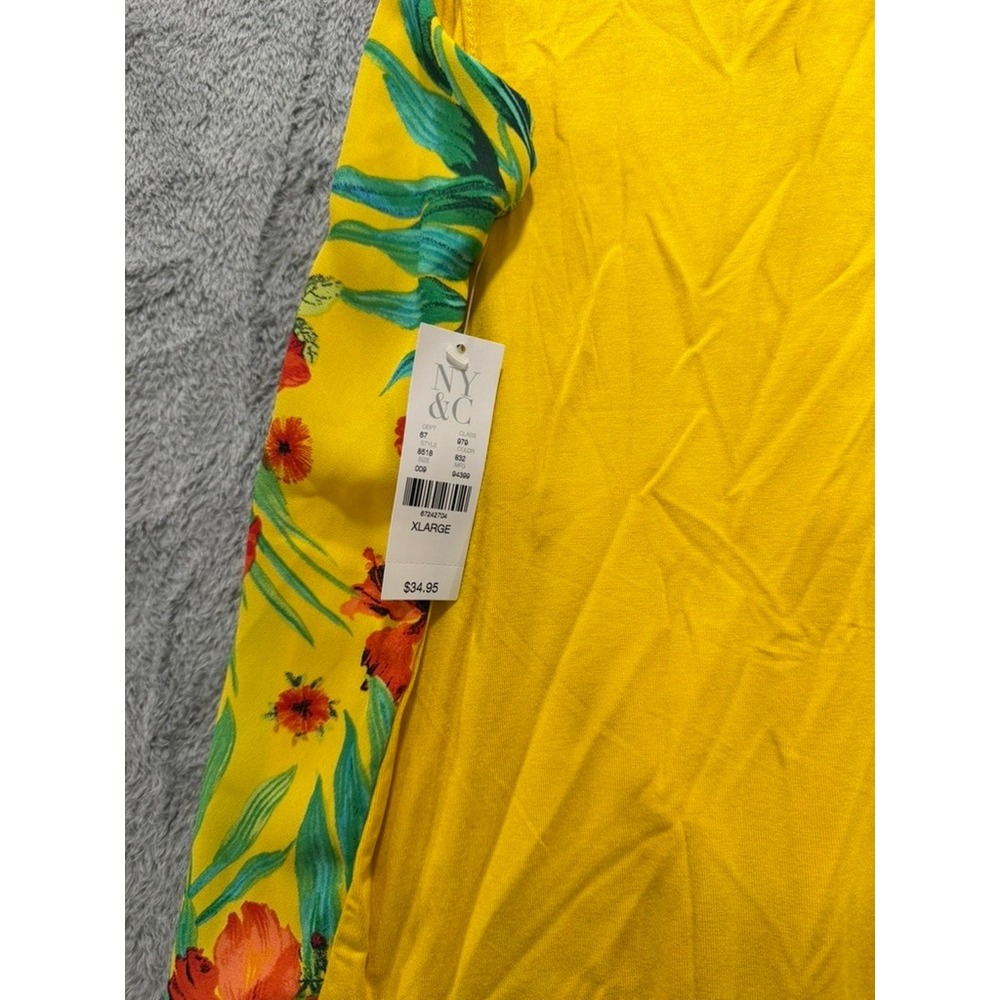 NY&Co Sleeveless Blouse Womens XL Yellow Floral Tropical Tie Neck Lined - Picture 10 of 10